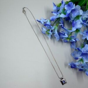 Simple and Minimalist Silver Necklace with Square Crystal Accented Pendant